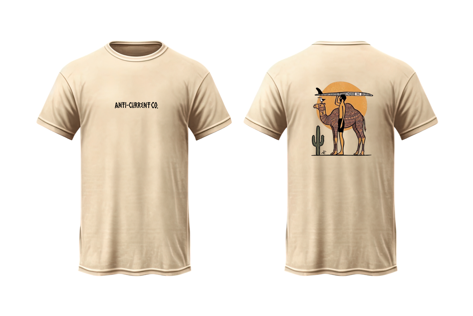 Anti-Current Co. Camel & Surfboard tee — beige, front and back print