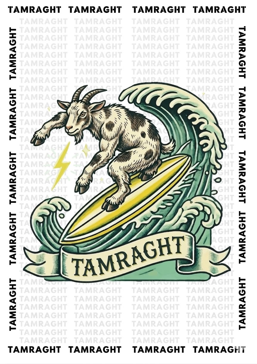 Postcard 1 — Tamraght surfing goat design