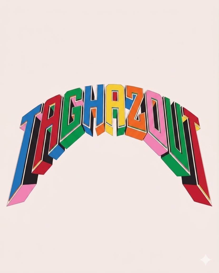 Postcard 7 — Taghazout multicolour arch lettering