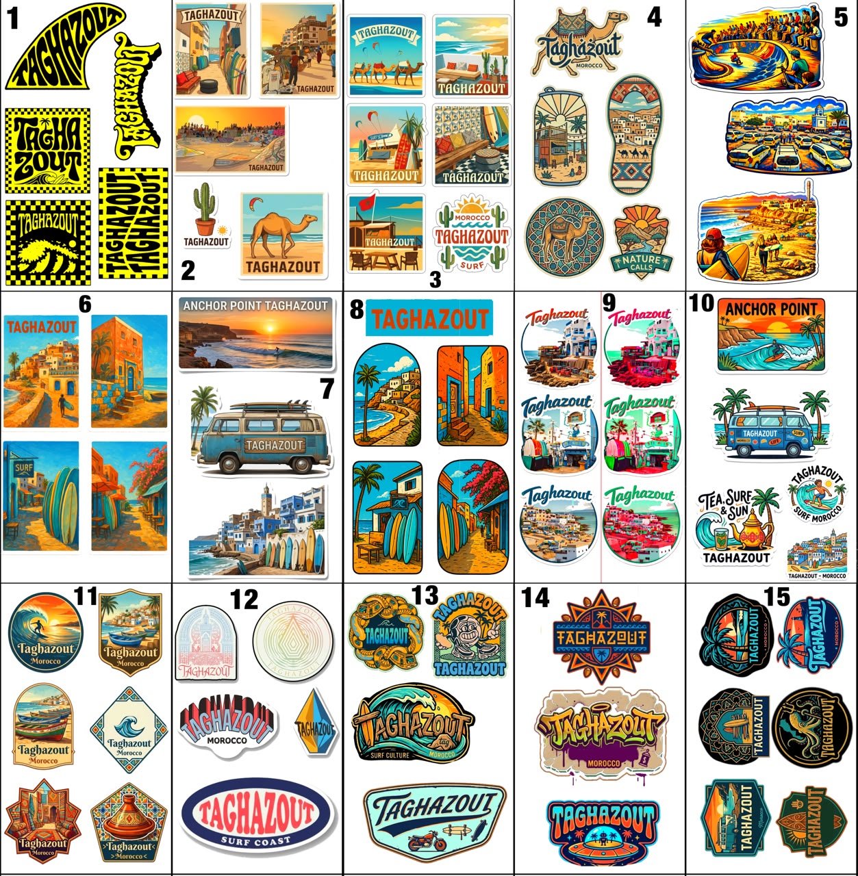 Taghazout sticker packs numbered catalog — 15 packs to choose from